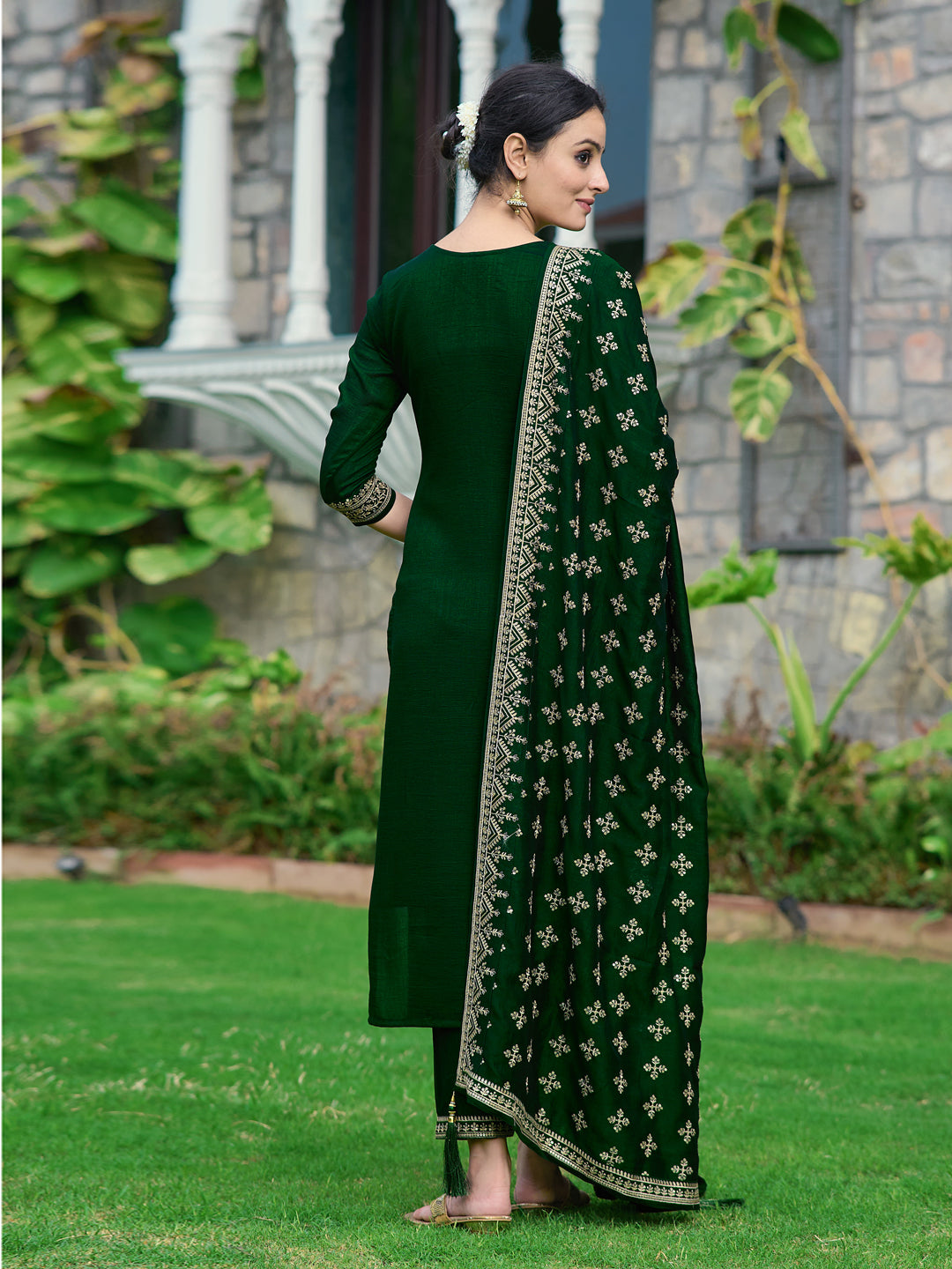 Bottle-Green Silk Embroidered Kurta Set with Dupatta