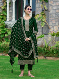Bottle-green silk kurta set featuring detailed embroidery on the kurta and matching dupatta.