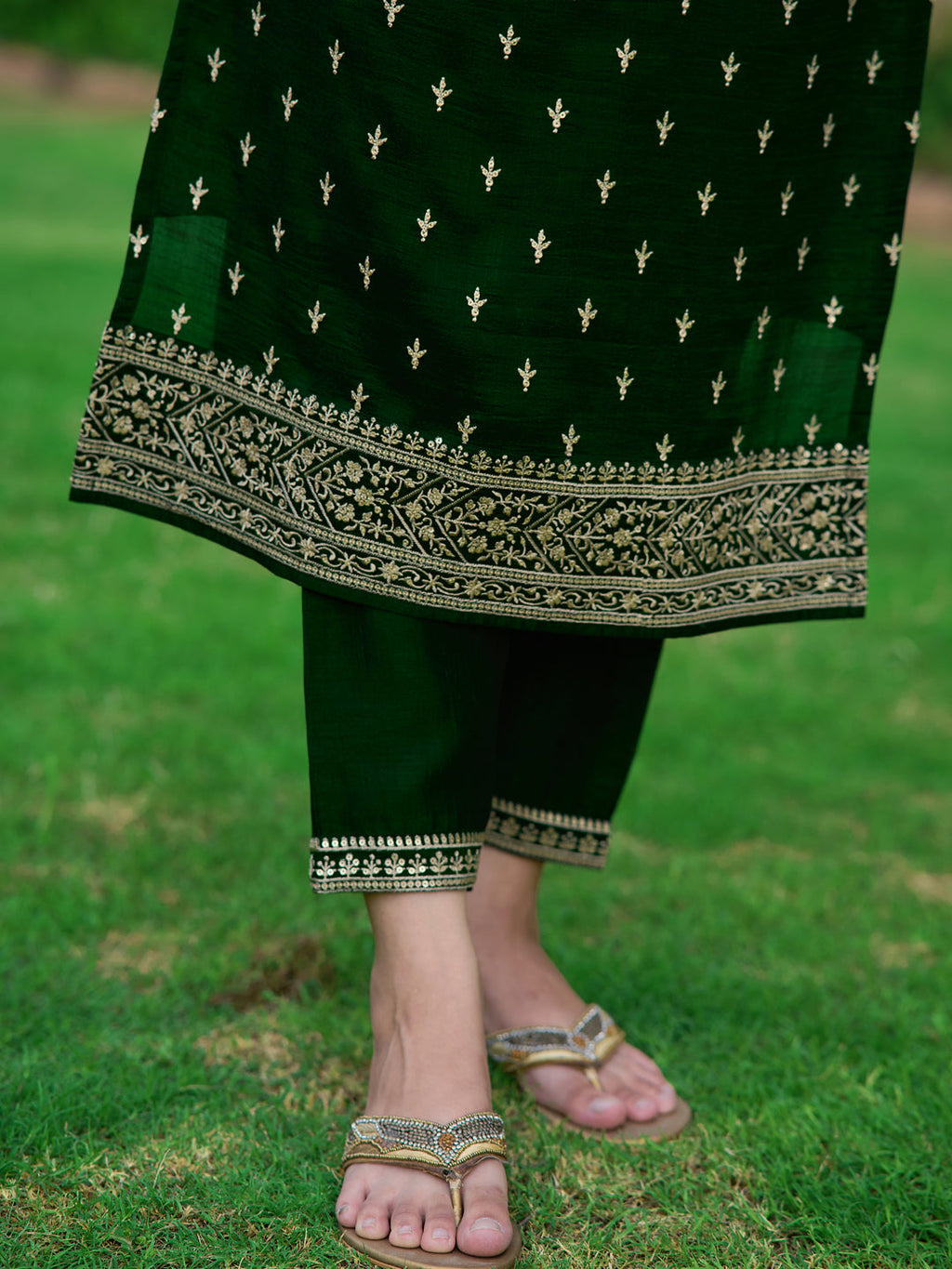 Bottle-Green Silk Embroidered Kurta Set with Dupatta
