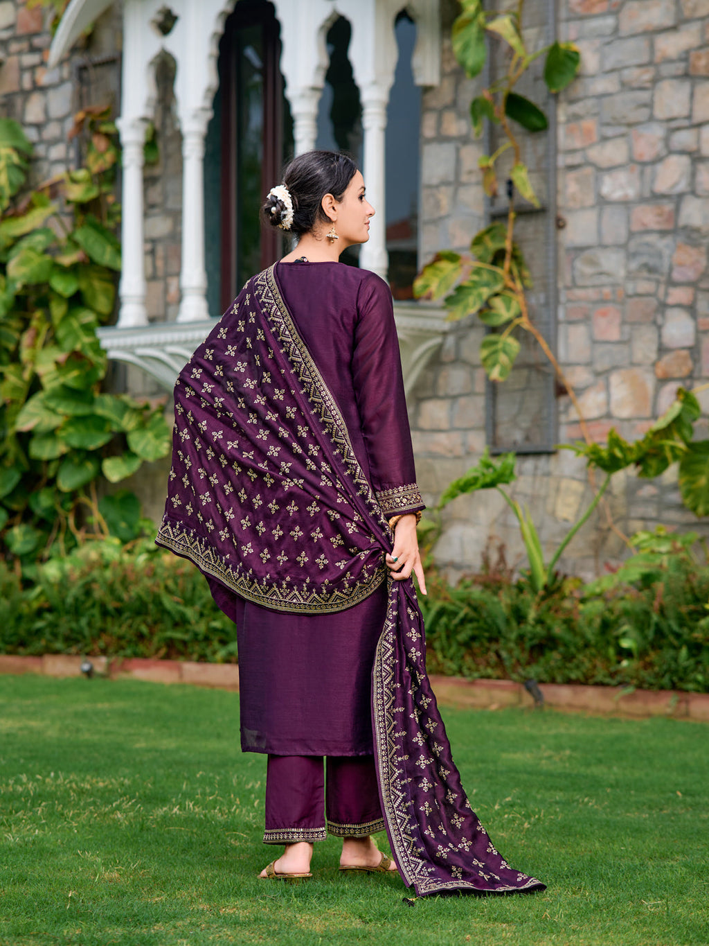 Embroidered Purple Silk Kurta Set with Dupatta