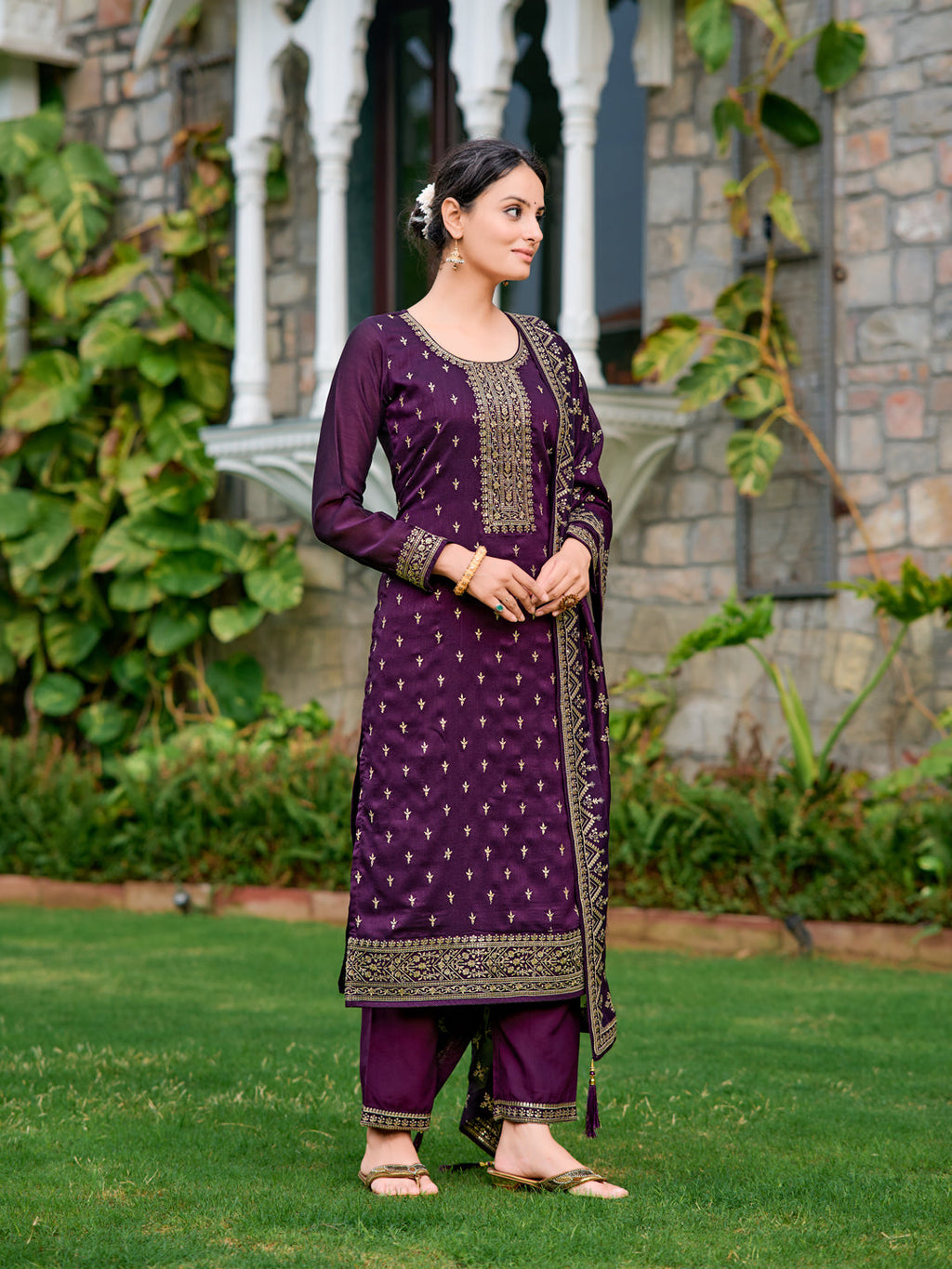Embroidered Purple Silk Kurta Set with Dupatta