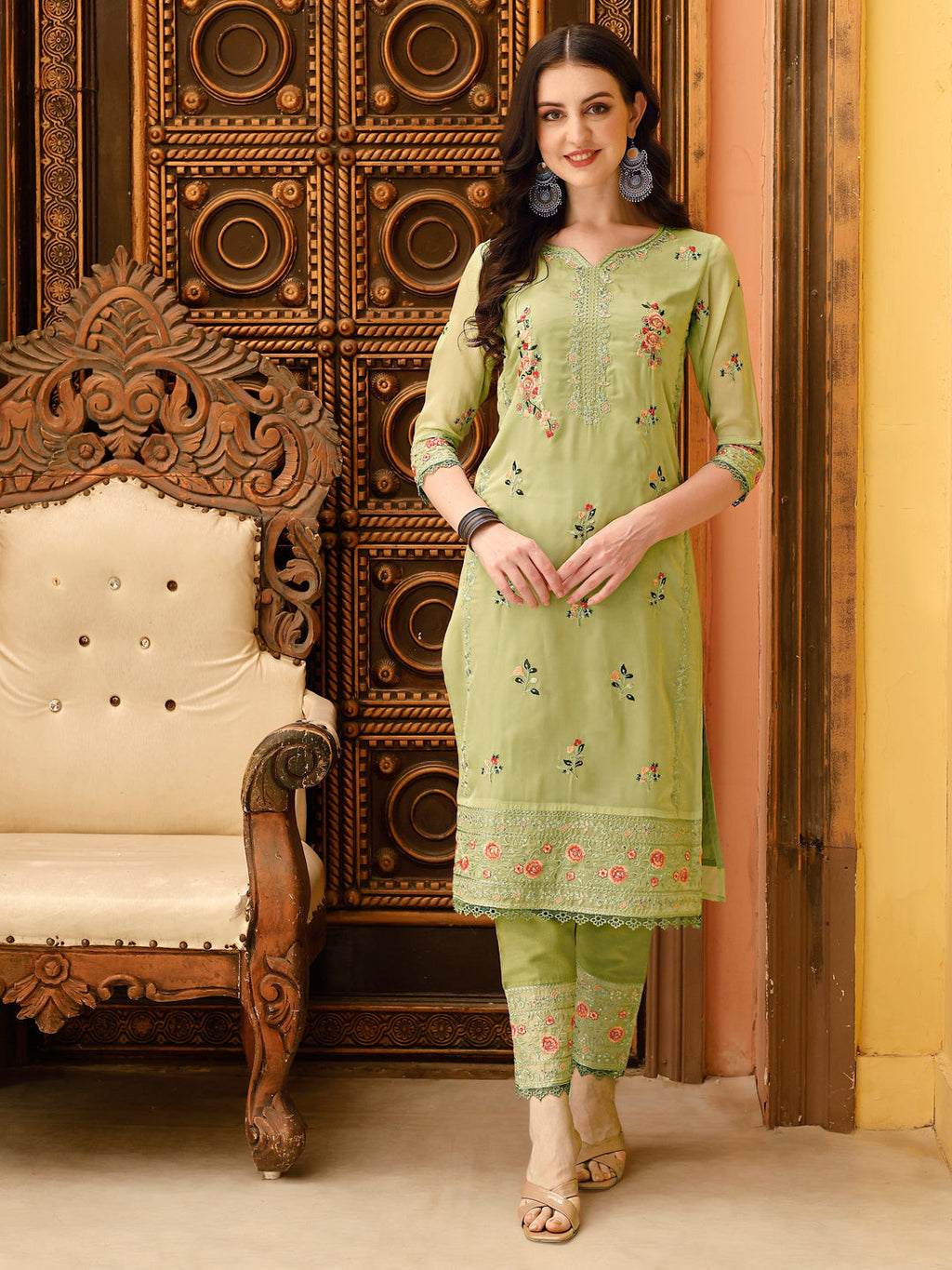 Pakistani Style Embroidered Kurta Set with Matching Pant and Dupatta