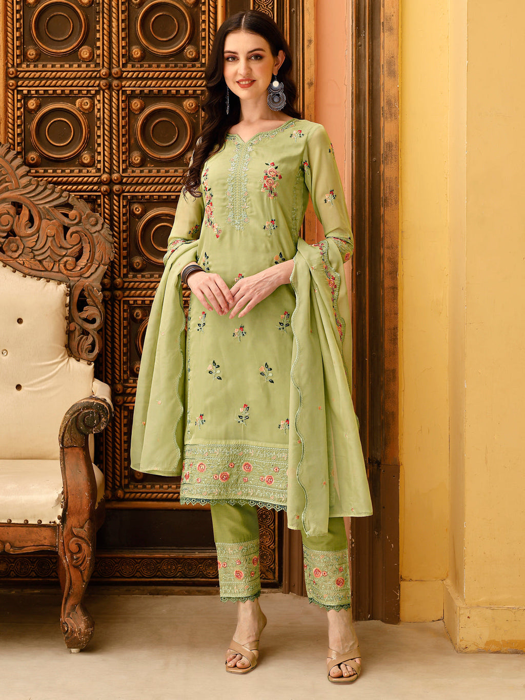 Premium luxury Pakistani style multicolor embroidered kurta set with matching bottoms