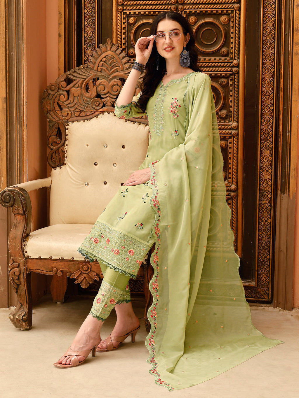 Pakistani Style Embroidered Kurta Set with Matching Pant and Dupatta
