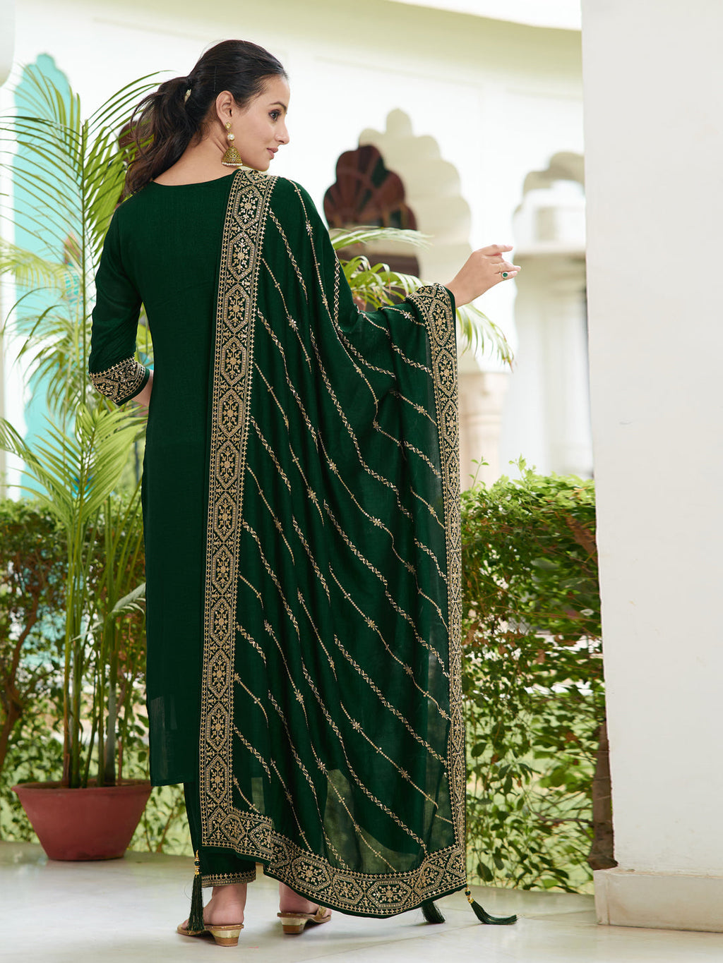 Embroidered Silk Kurta Set with Pant and Dupatta in Bottle-Green
