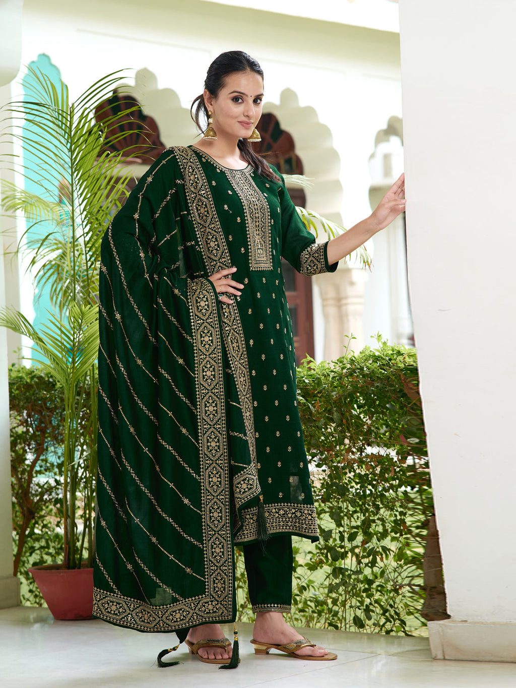 Bottle-green embroidered silk kurta set with dupatta