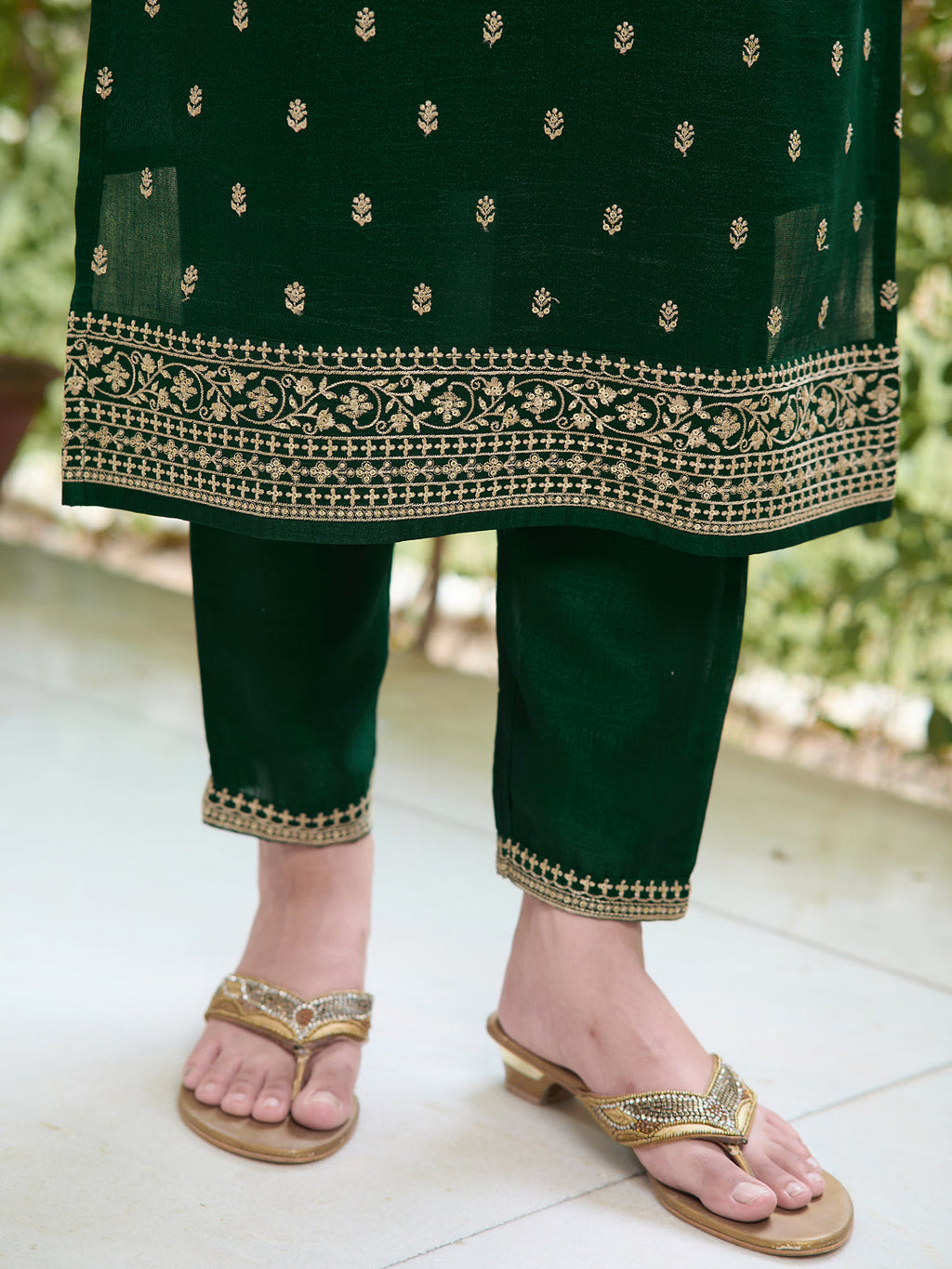 Embroidered Silk Kurta Set with Pant and Dupatta in Bottle-Green