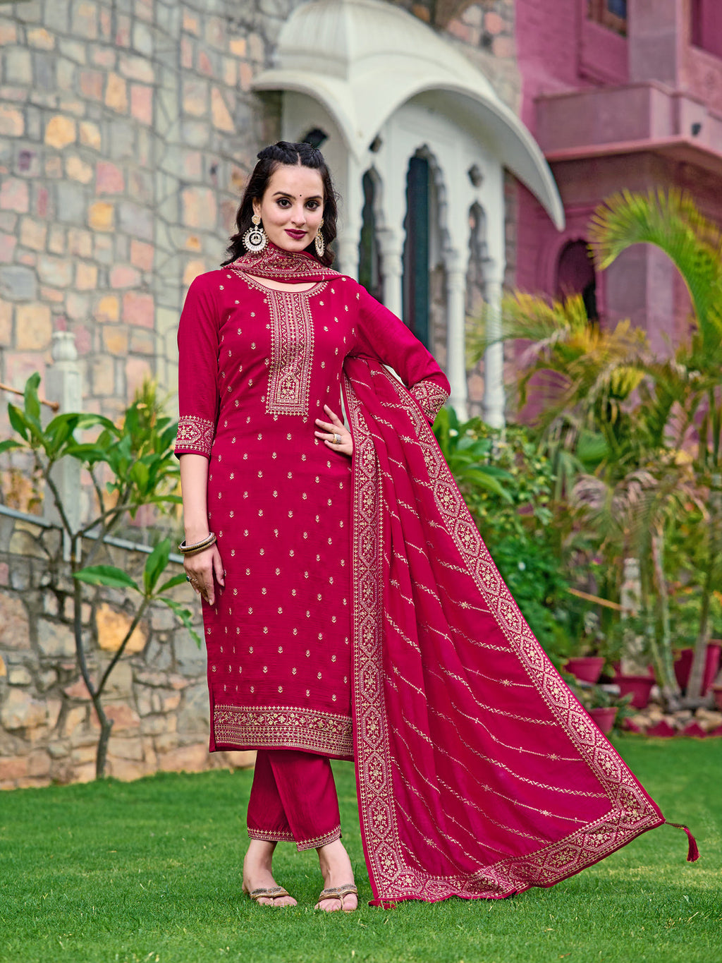Pink silk kurta set with intricate embroidery, matching pant, and dupatta