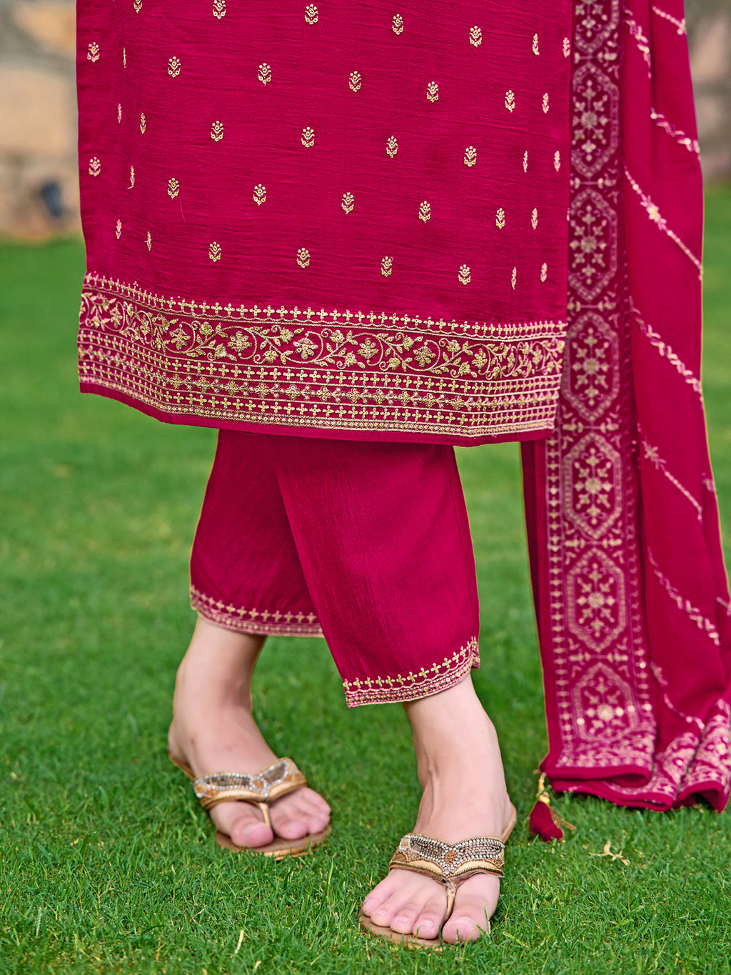 Pink Silk Embroidered Kurta Set with Dupatta and Pant
