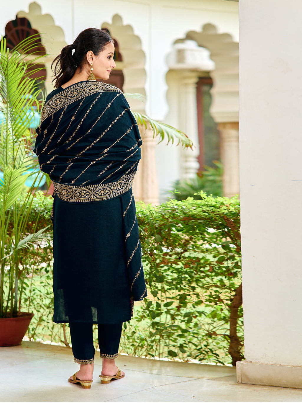 Navy Blue Embroidered Silk Kurta Set with Dupatta