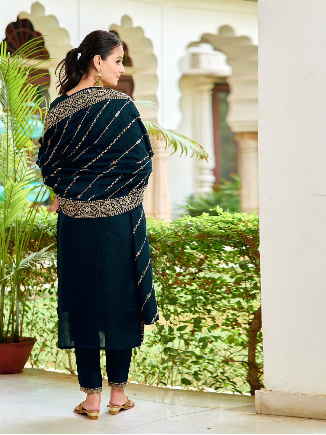 Navy Blue Embroidered Silk Kurta Set with Dupatta