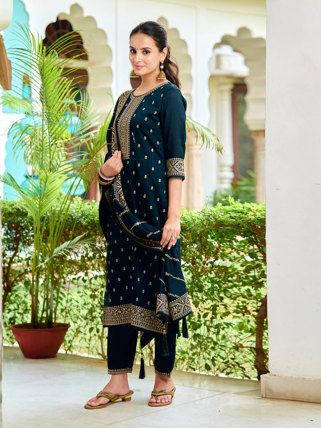 Navy Blue Embroidered Silk Kurta Set with Dupatta