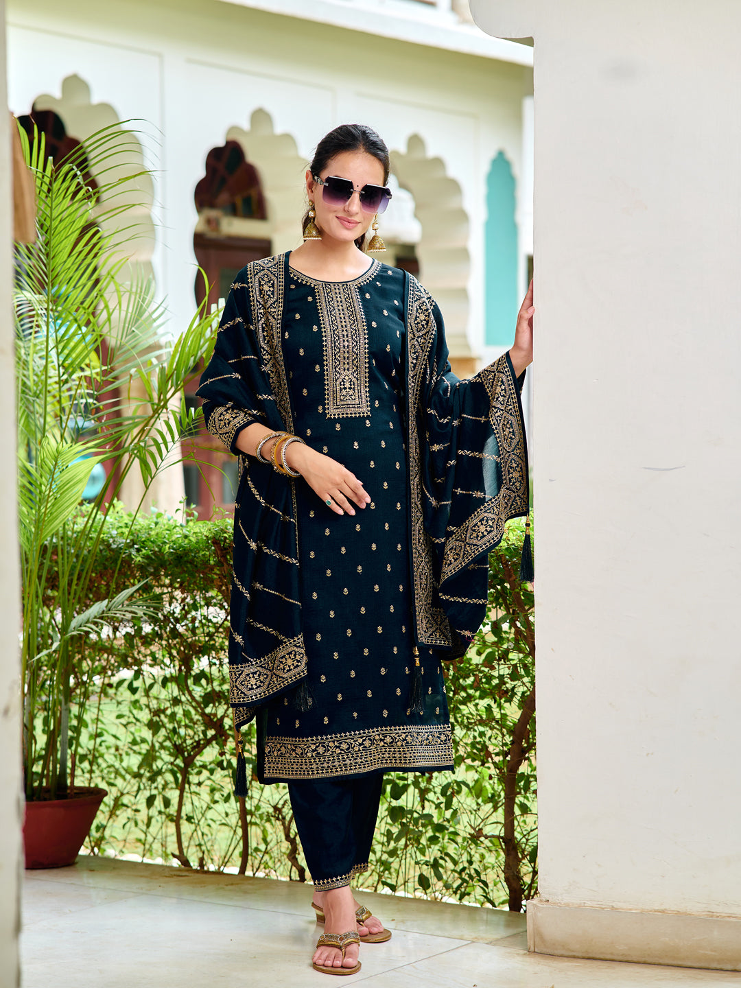 Elegant navy blue embroidered silk kurta with matching pants and embroidered dupatta