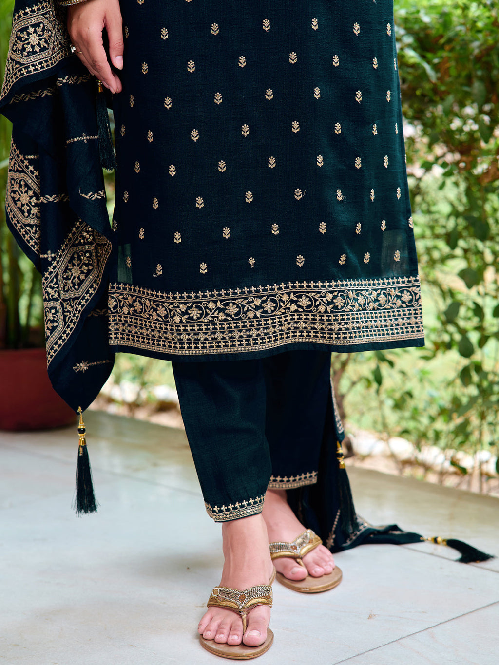 Navy Blue Embroidered Silk Kurta Set with Dupatta