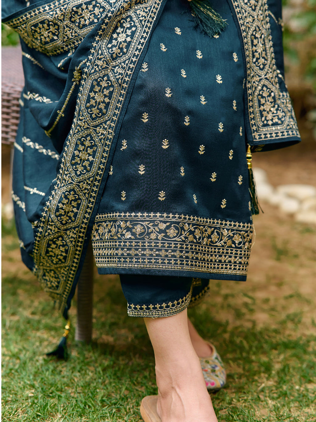Teal Silk Embroidered Kurta Set with Dupatta