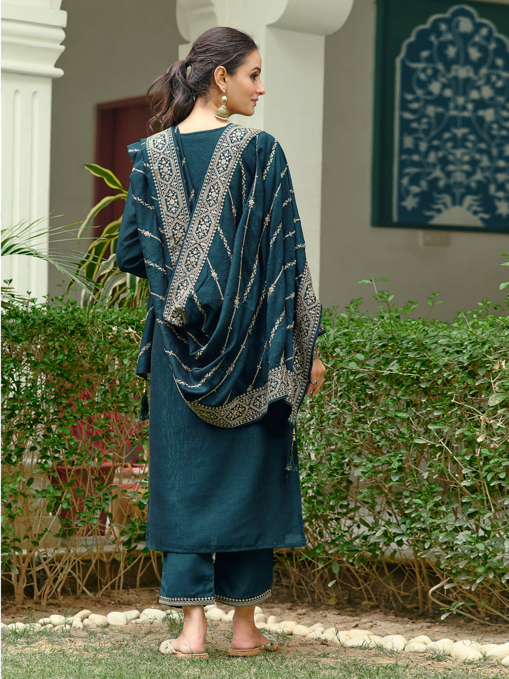 Teal Silk Embroidered Kurta Set with Dupatta