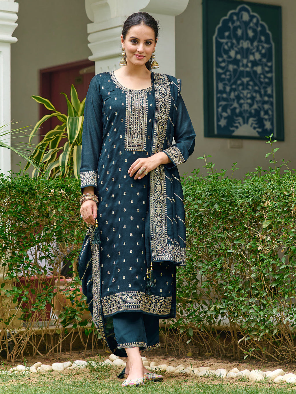 Teal silk embroidered kurta set with matching pants and dupatta