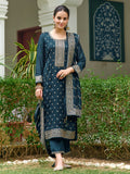 Teal silk embroidered kurta set with matching pants and dupatta