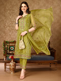 Multicolor Pakistani style embroidered rayon kurta set with matching dupatta