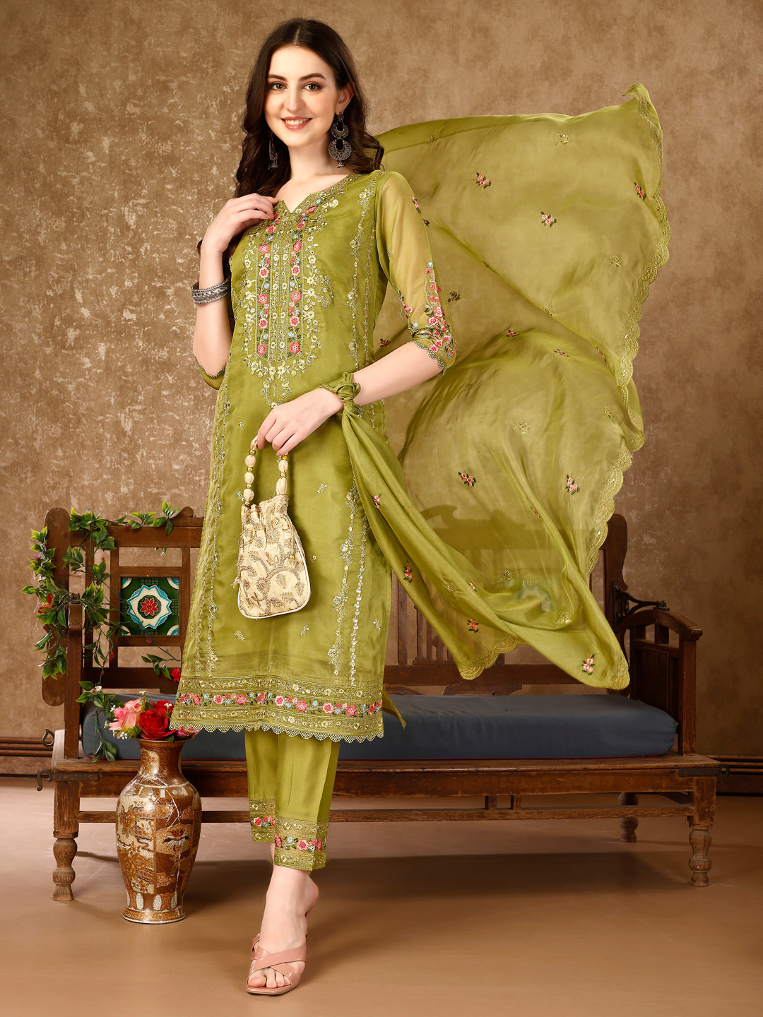 Multicolor Pakistani style embroidered rayon kurta set with matching dupatta