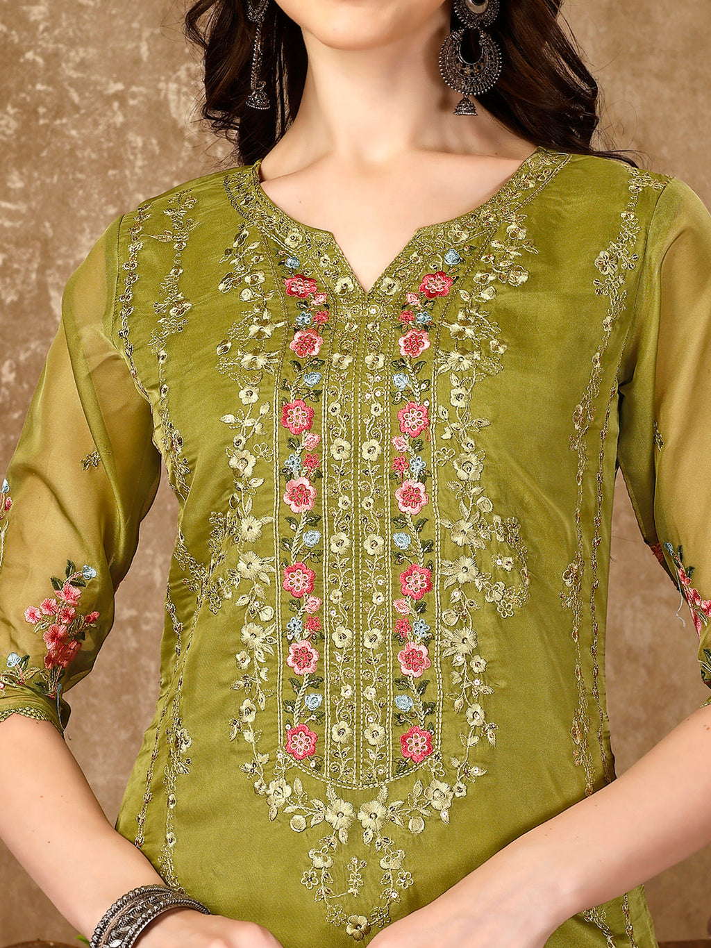 Multicolor Pakistani Embroidered Rayon Kurta Set with Dupatta