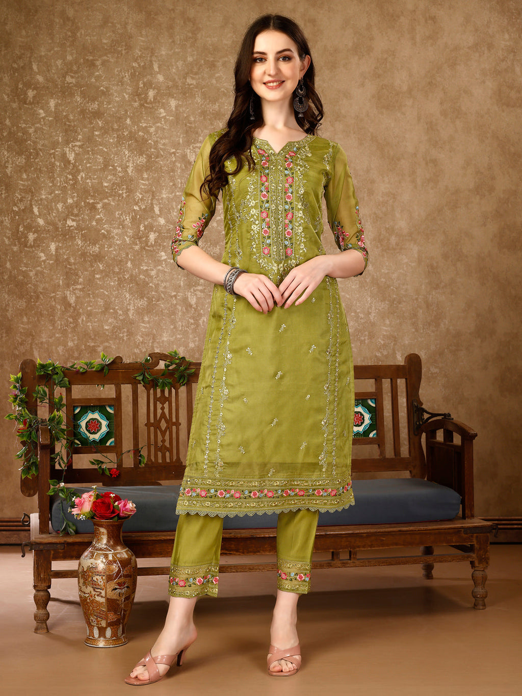 Multicolor Pakistani Embroidered Rayon Kurta Set with Dupatta