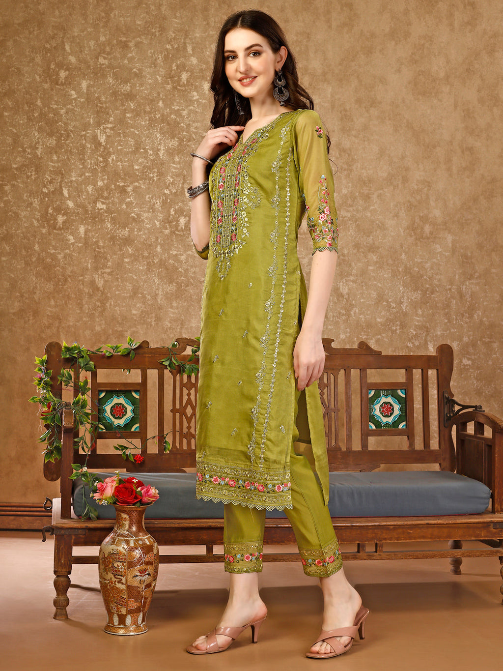 Multicolor Pakistani Embroidered Rayon Kurta Set with Dupatta