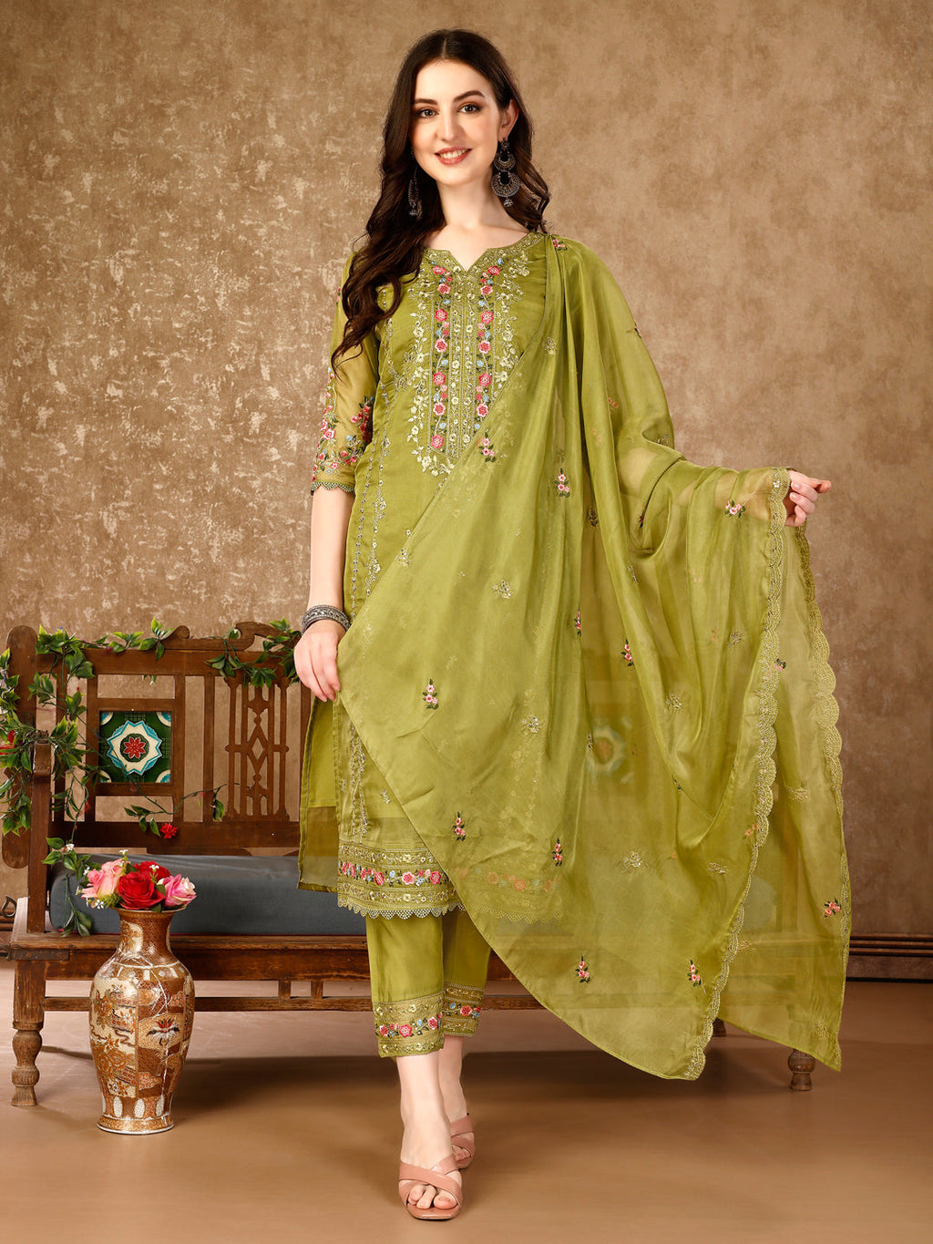 Multicolor Pakistani Embroidered Rayon Kurta Set with Dupatta