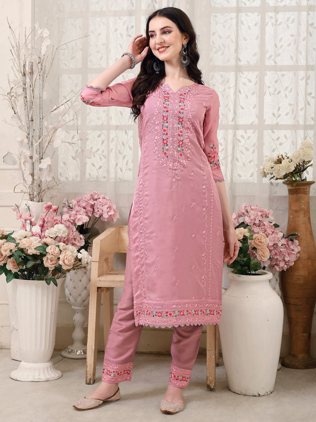 Multicolor Embroidered Organza Pakistani Kurta Set