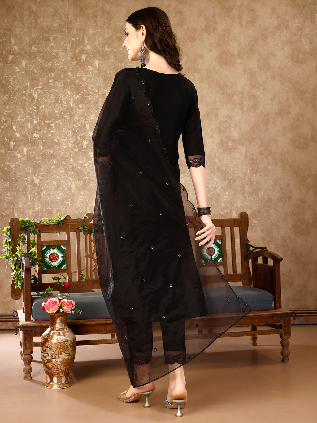 Luxury Pakistani Sequinned Embroidered Kurta Set with Organza Dupatta
