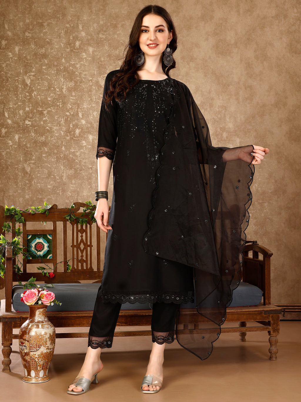 Luxury Pakistani Sequinned Embroidered Kurta Set with Organza Dupatta