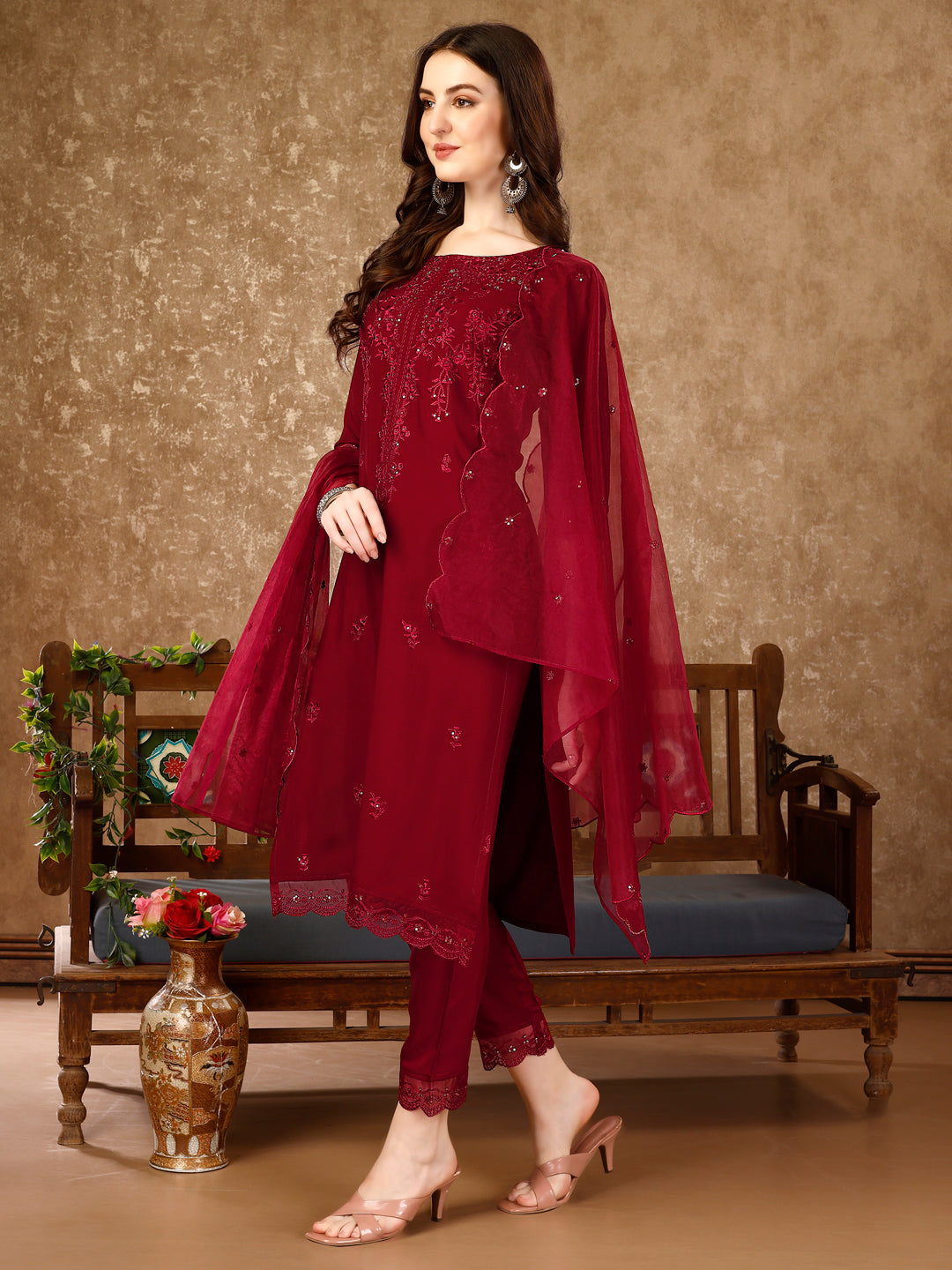 Luxury Pakistani Sequined Embroidered Kurta Set with Organza Dupatta