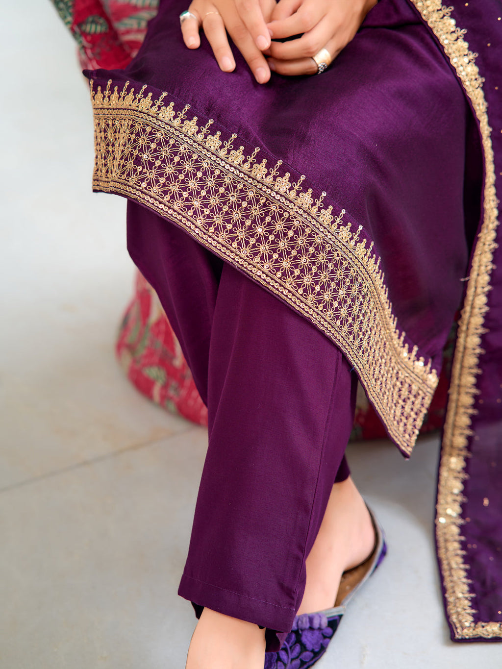 Wine Embroidered Kurta Set with Pant and Printed Dupatta