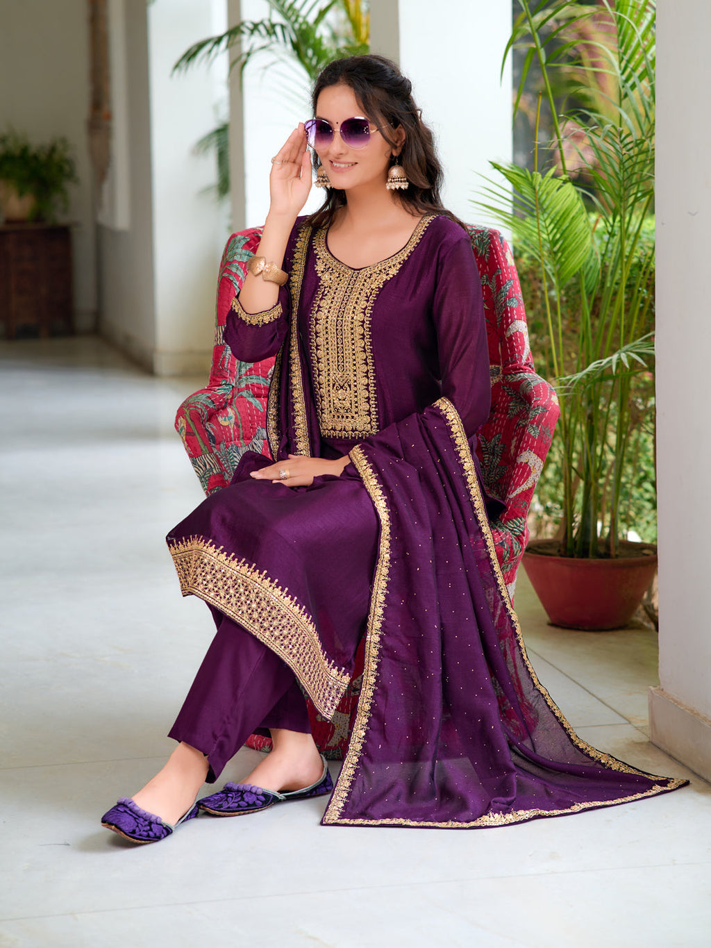Wine Embroidered Kurta Set with Pant and Printed Dupatta