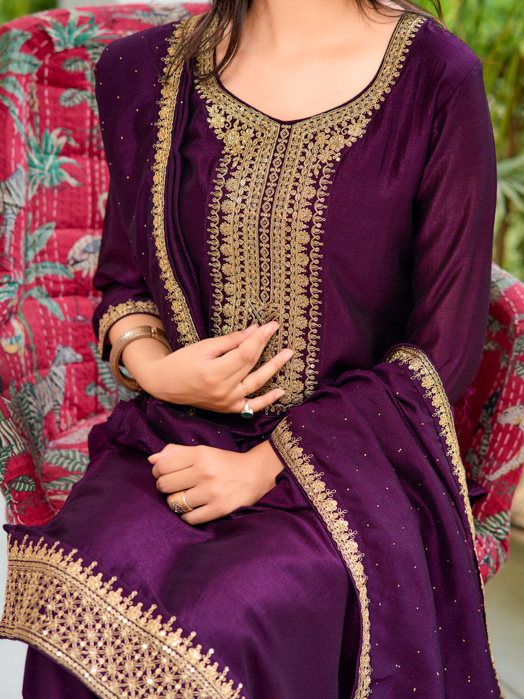 Wine Embroidered Kurta Set with Pant and Printed Dupatta