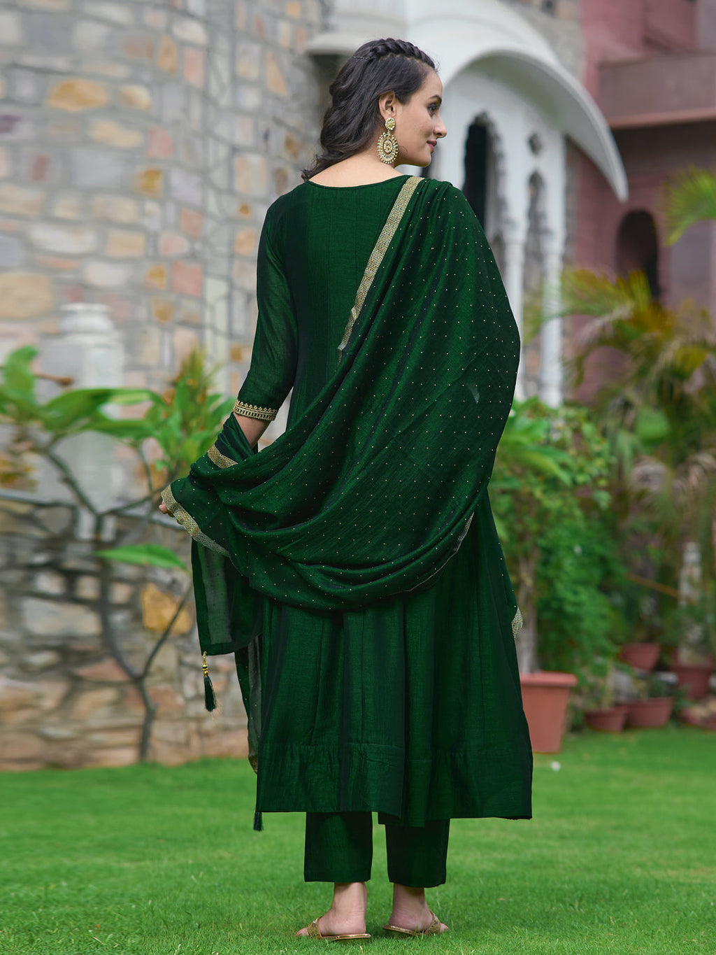 Bottle-Green Embroidered Anarkali Kurta Set with Dupatta