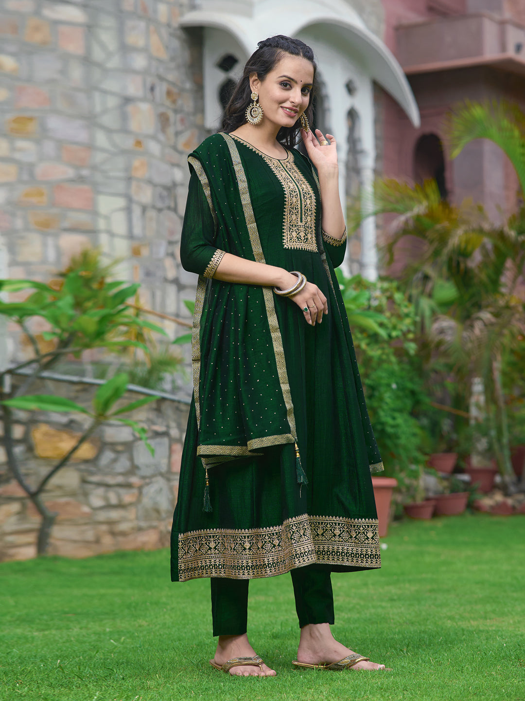 Bottle-Green Embroidered Anarkali Kurta Set with Dupatta