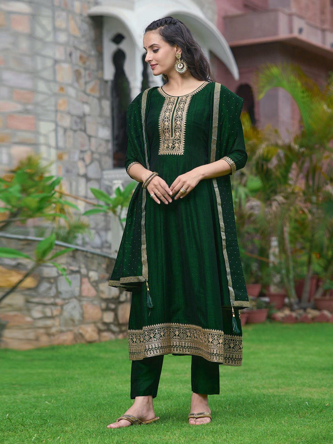 Bottle-Green Embroidered Anarkali Kurta Set with Dupatta