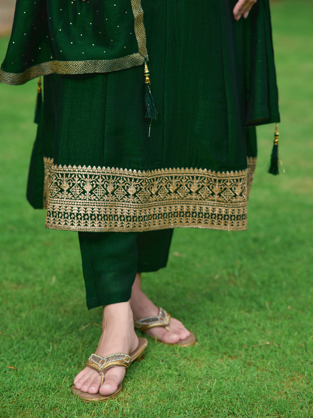 Bottle-Green Embroidered Anarkali Kurta Set with Dupatta