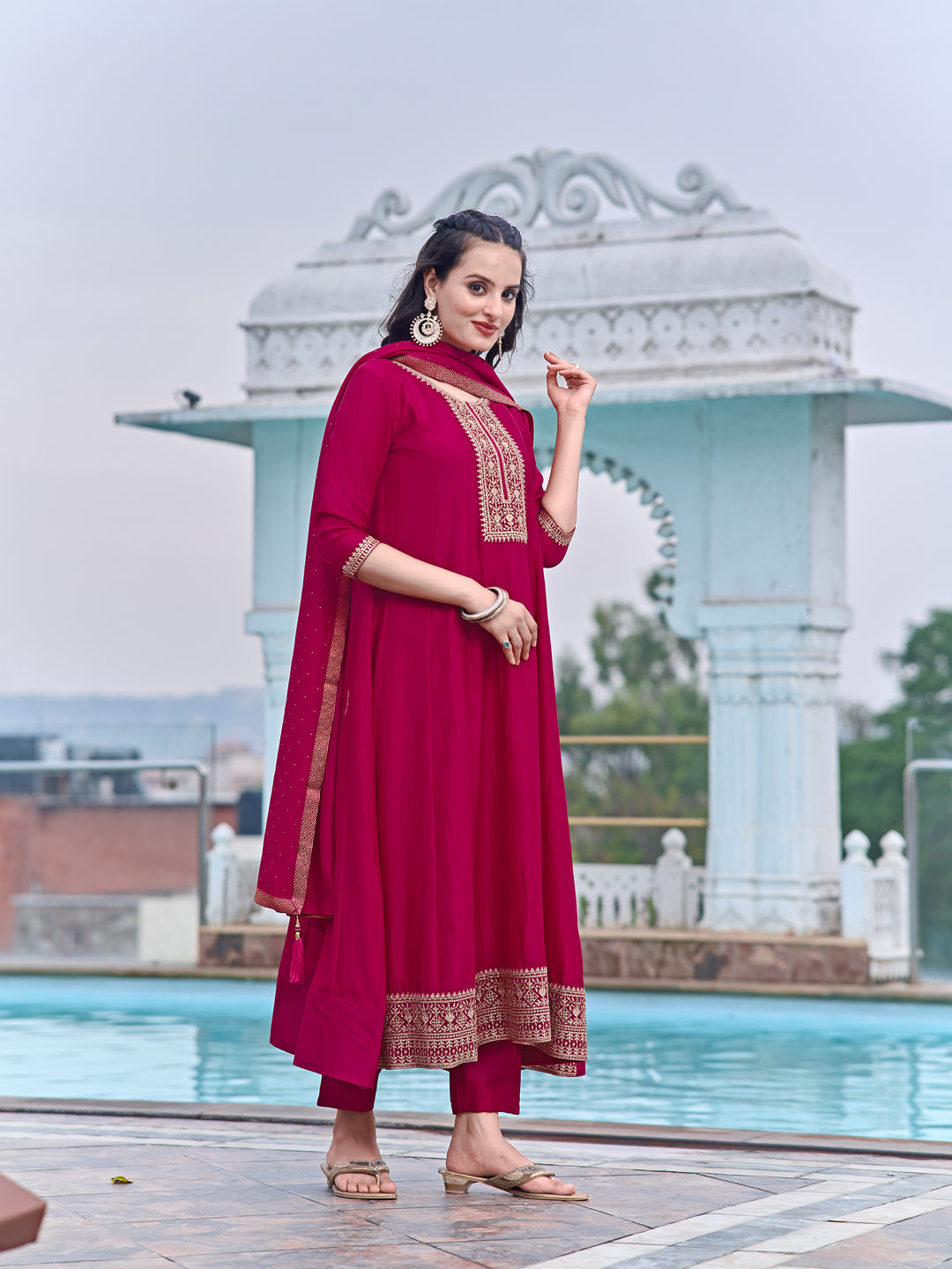 Pink Anarkali Embroidered Kurta Set with Pant and Dupatta