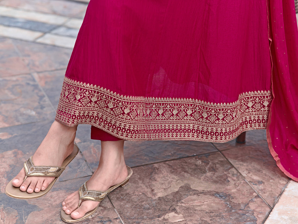 Pink Anarkali Embroidered Kurta Set with Pant and Dupatta