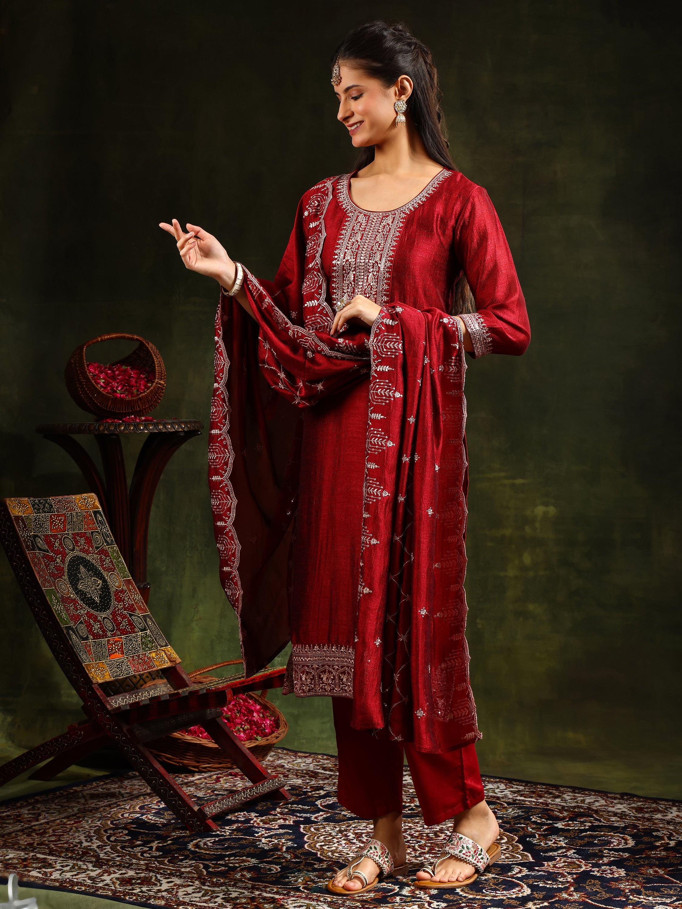 Maroon Sequined Embroidered Kurta Set with Dupatta