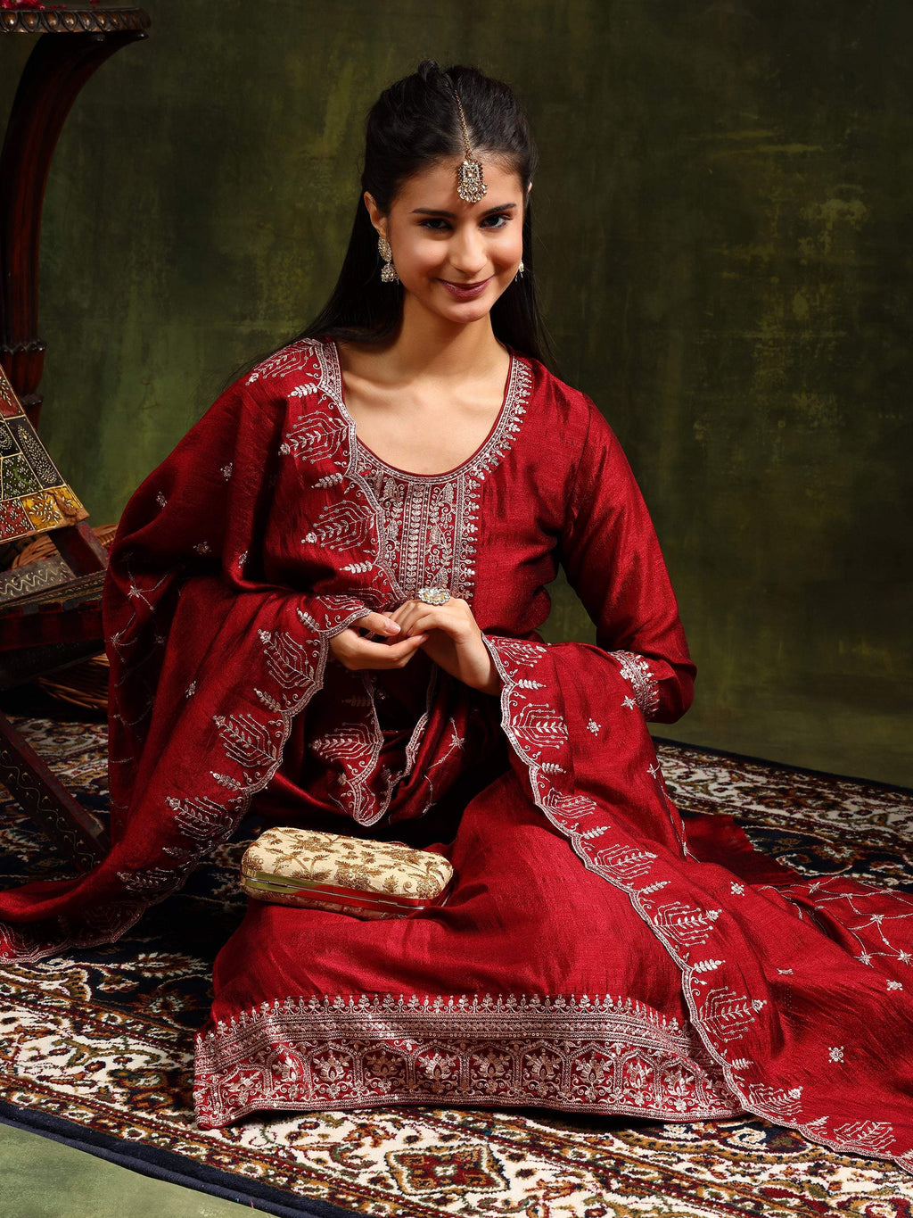Maroon Sequined Embroidered Kurta Set with Dupatta