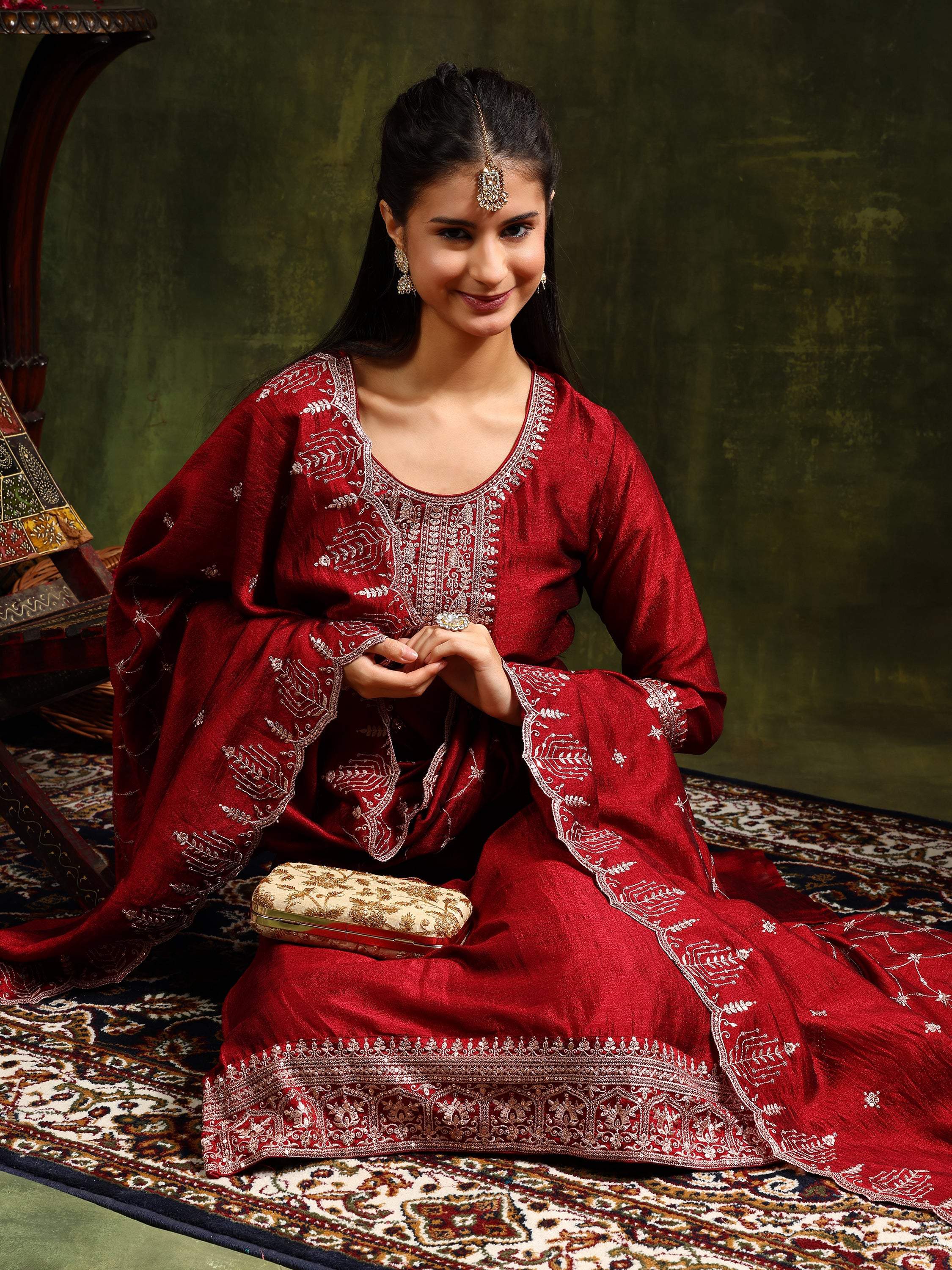 Maroon Sequined Embroidered Kurta Set with Dupatta