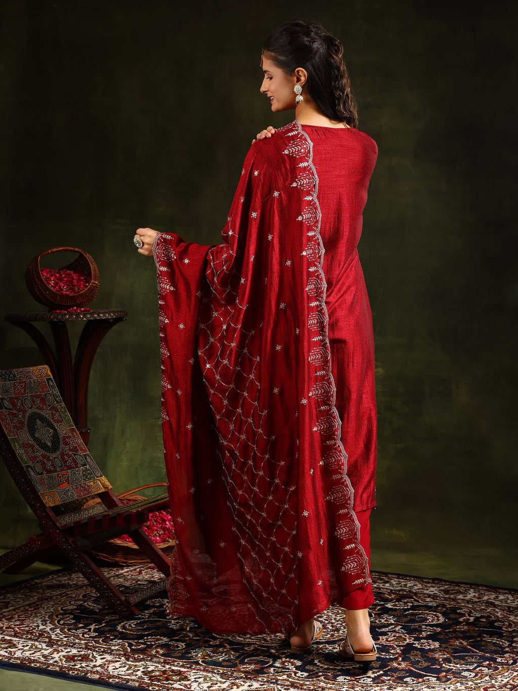Maroon Sequined Embroidered Kurta Set with Dupatta
