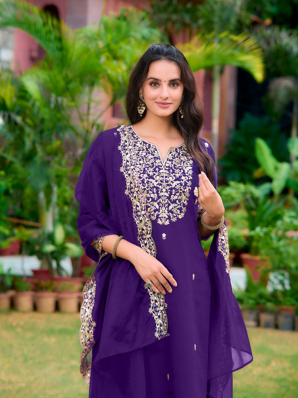 Purple Embroidered Kurta Set with Embroidered Dupatta