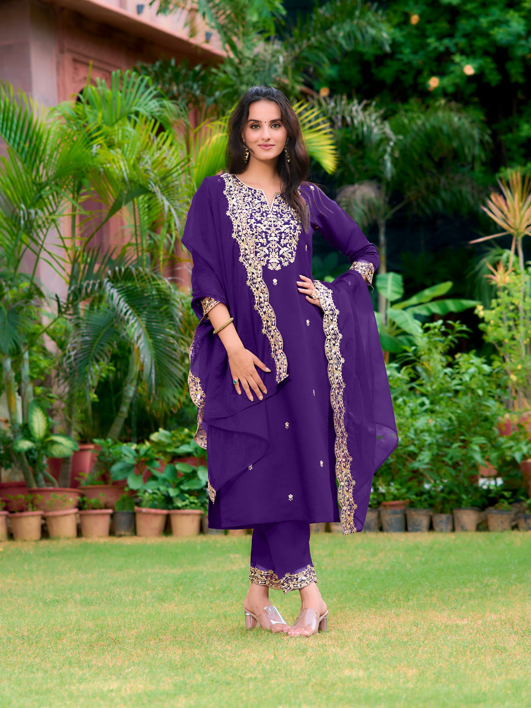 Elegant purple Chanderi kurta set with intricate embroidery on kurta and dupatta.