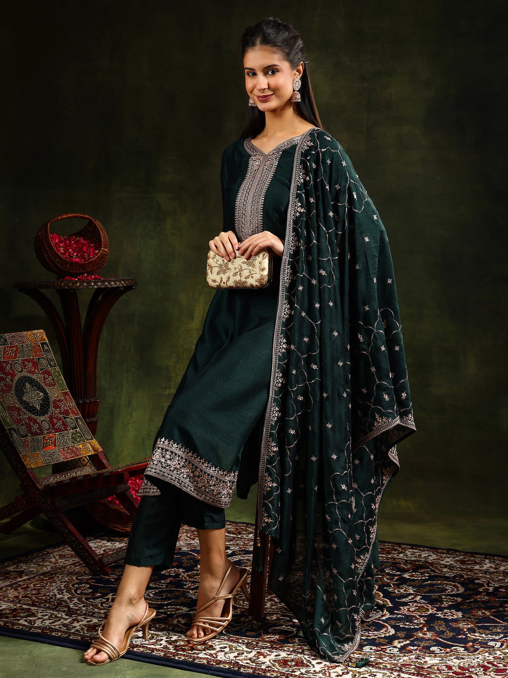 Green Sequined Embroidered Silk Kurta Set with Dupatta