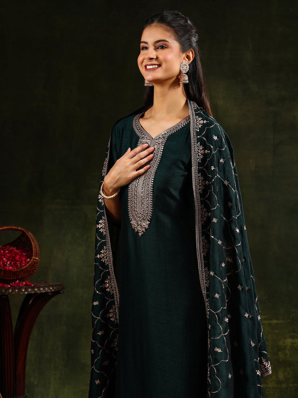 Green Sequined Embroidered Silk Kurta Set with Dupatta