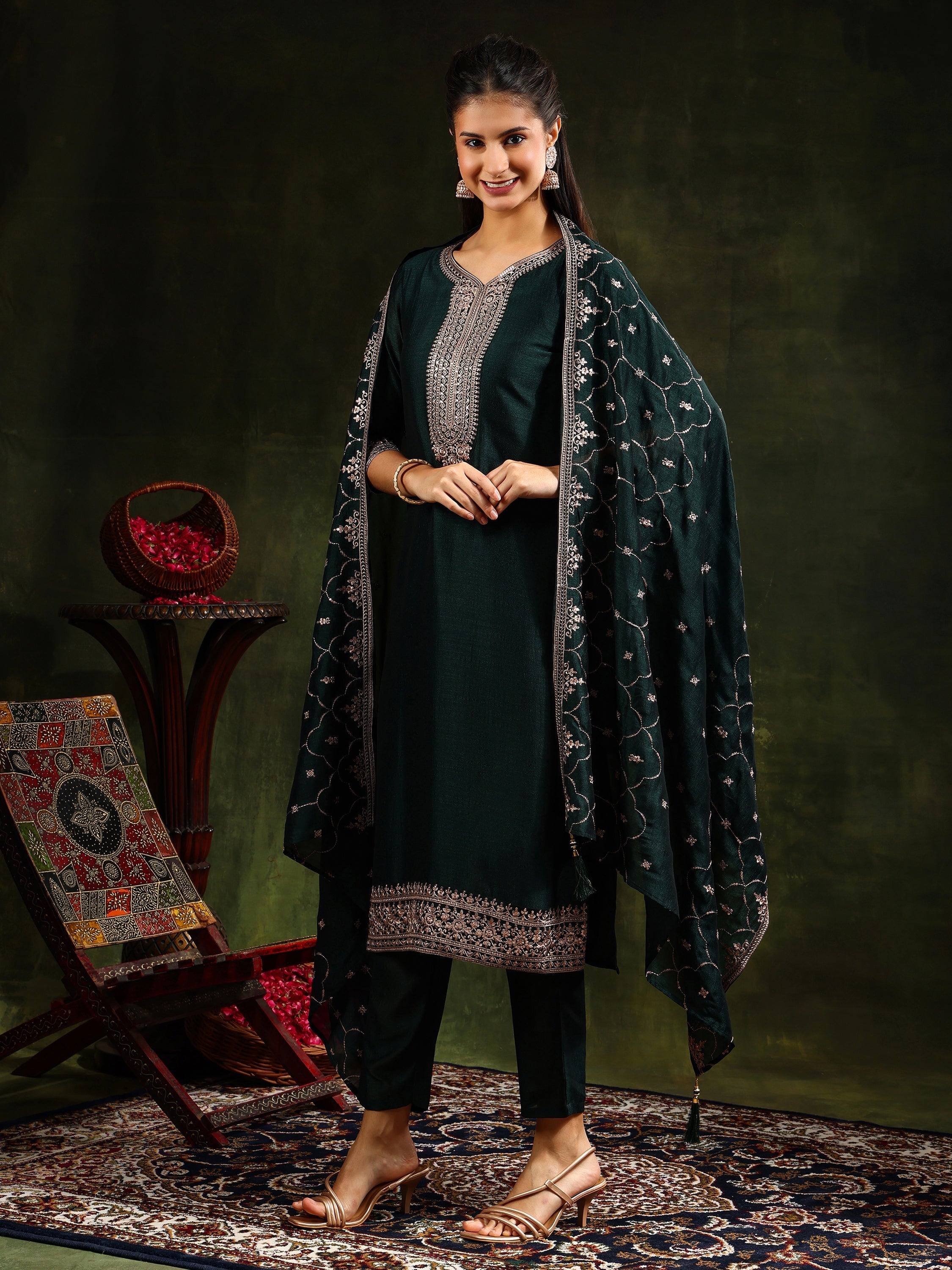 Green silk kurta with sequin embroidery and matching dupatta set